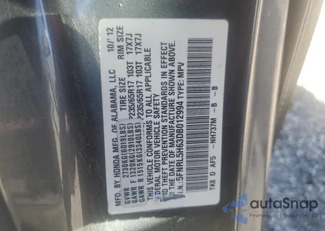 2013 Honda Odyssey Exl z USA, uszkodzony, nr VIN 5FNRL5H63DB012994